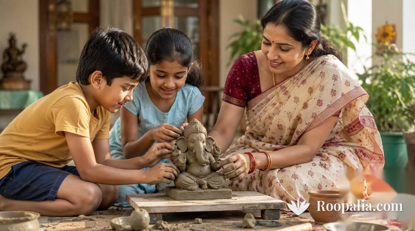 Two children shaping a small clay Ganesha idol with their mother helping — AI-generated image (Roopalia)