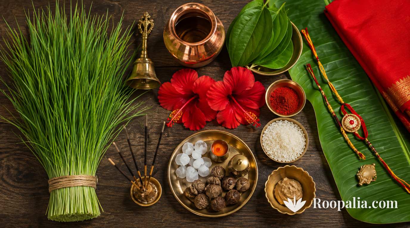 Ganesh puja items — durva grass, red hibiscus, roli, rice, kalash, bell, incense, betel leaves and red cloth — AI-generated image (Roopalia)