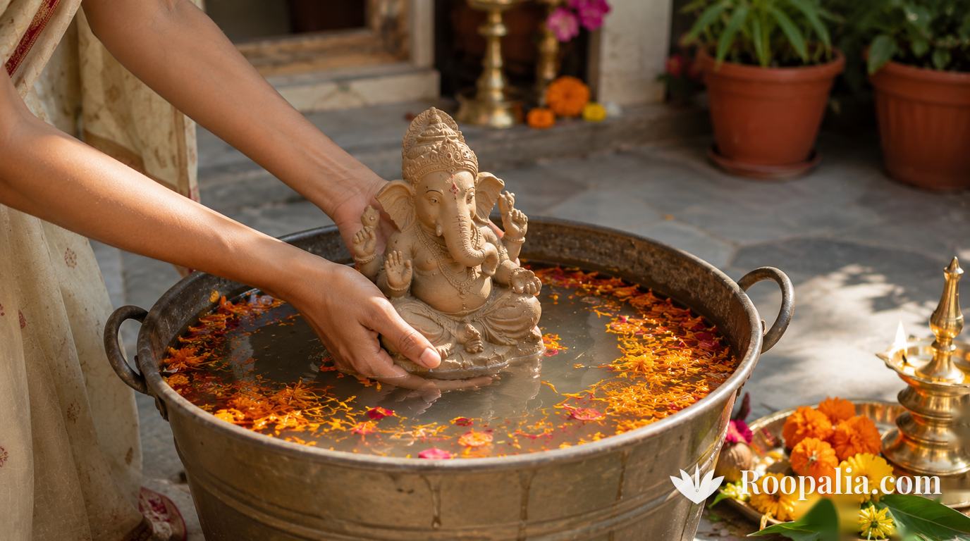 Hands lowering a small clay Ganesha idol into a large vessel of water in a home courtyard, marigold petals floating — AI-generated image (Roopalia)