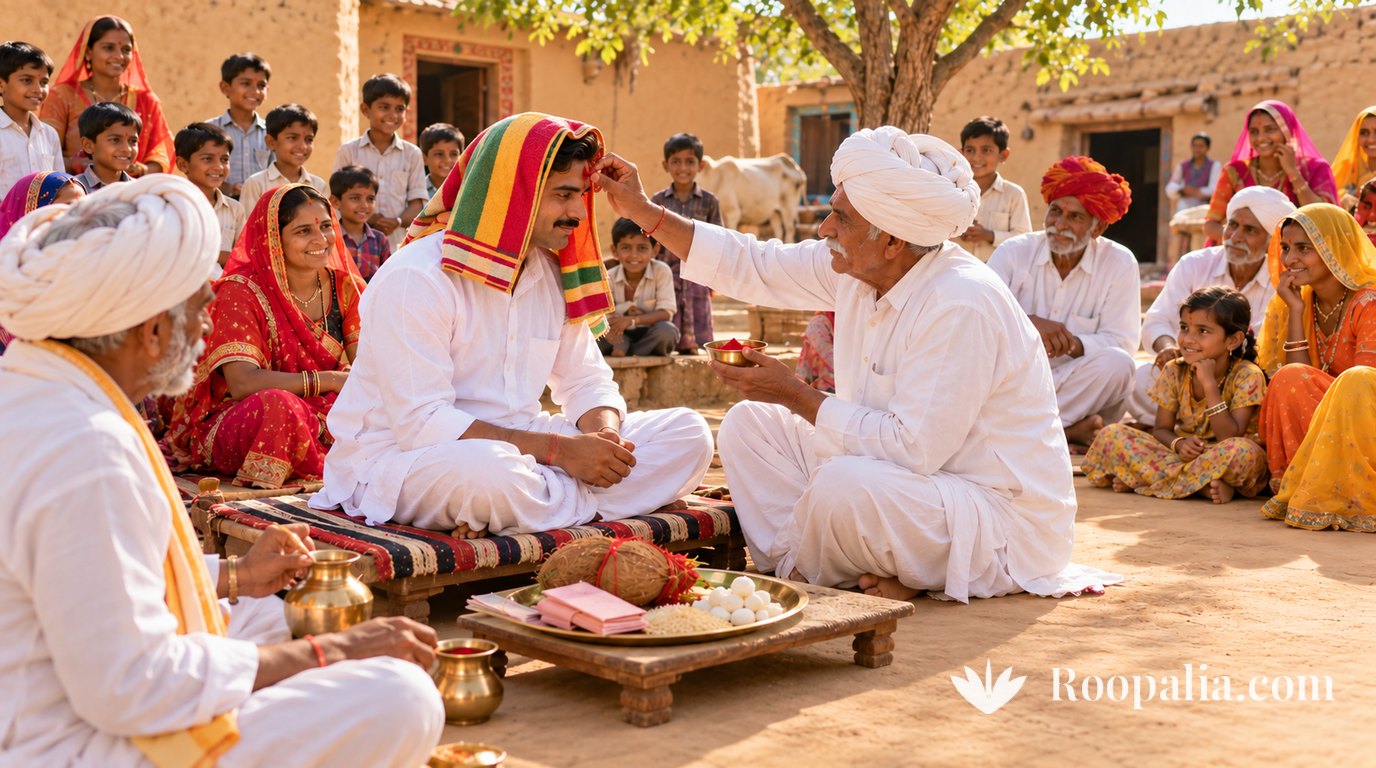 राजस्थान के गाँव के आँगन में पाटे पर सफ़ेद कुर्ता-धोती में बैठे वर के सिर पर रंगीन धारीदार तौलिया, सफ़ेद साफ़े वाले बुज़ुर्ग उसके माथे पर रोली का तिलक लगाते हुए, सामने नारियल-पताशे की थाली और चारों ओर बैठे गाँव के लोग और बच्चे — AI-निर्मित चित्र (Roopalia)
