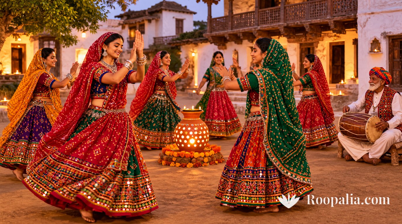 साँझ के समय पुराने गाँव के चौक में सफ़ेद घरों और नक़्क़ाशीदार छज्जों के बीच बँधेज ओढ़नियों में स्त्रियाँ बीच में रखे दीपक वाले गरबो के चारों ओर नाचती हुईं, एक ओर पगड़ी पहने बुज़ुर्ग ढोल बजाते हुए — AI-निर्मित चित्र (Roopalia)