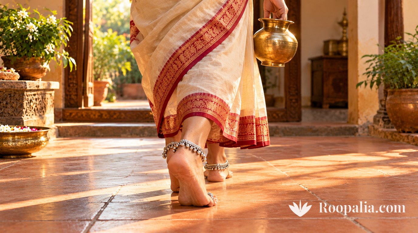 A woman in a white saree with a red border walks barefoot across a terracotta courtyard floor, silver anklets on her feet and a brass lota in her hand &mdash; AI-generated image (Roopalia)