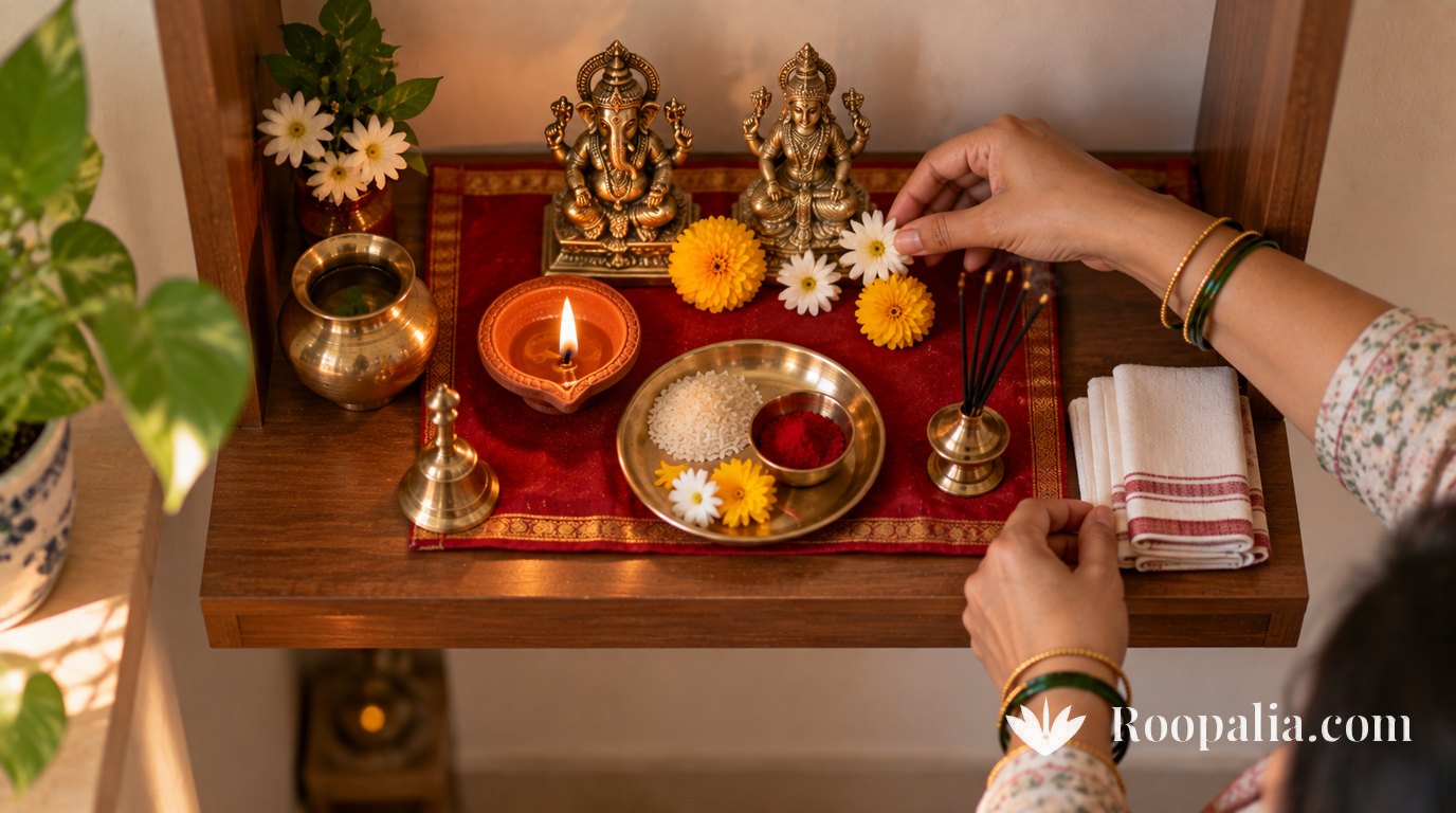 Overhead view of a small home shrine being arranged on a clean wooden shelf — a folded red cloth, two small brass idols, a clay diya, an incense holder, a small brass kalash and a steel plate of rice and roli, with a woman's hands placing the last item. AI-generated image (Roopalia)