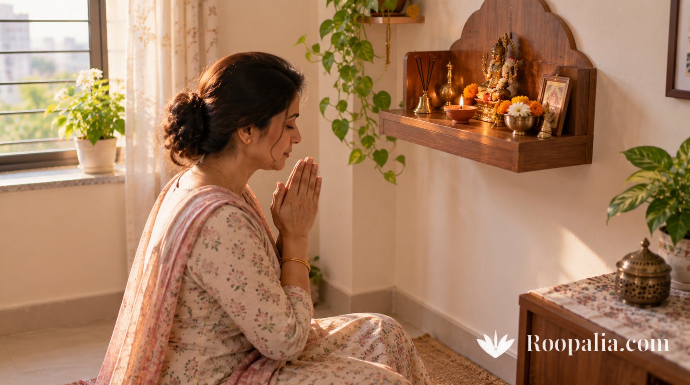 A woman in a simple cotton salwar kameez kneeling with folded hands before a small wooden shrine on a shelf in a modest apartment, the diya just lit and early morning light coming through the window. AI-generated image (Roopalia)