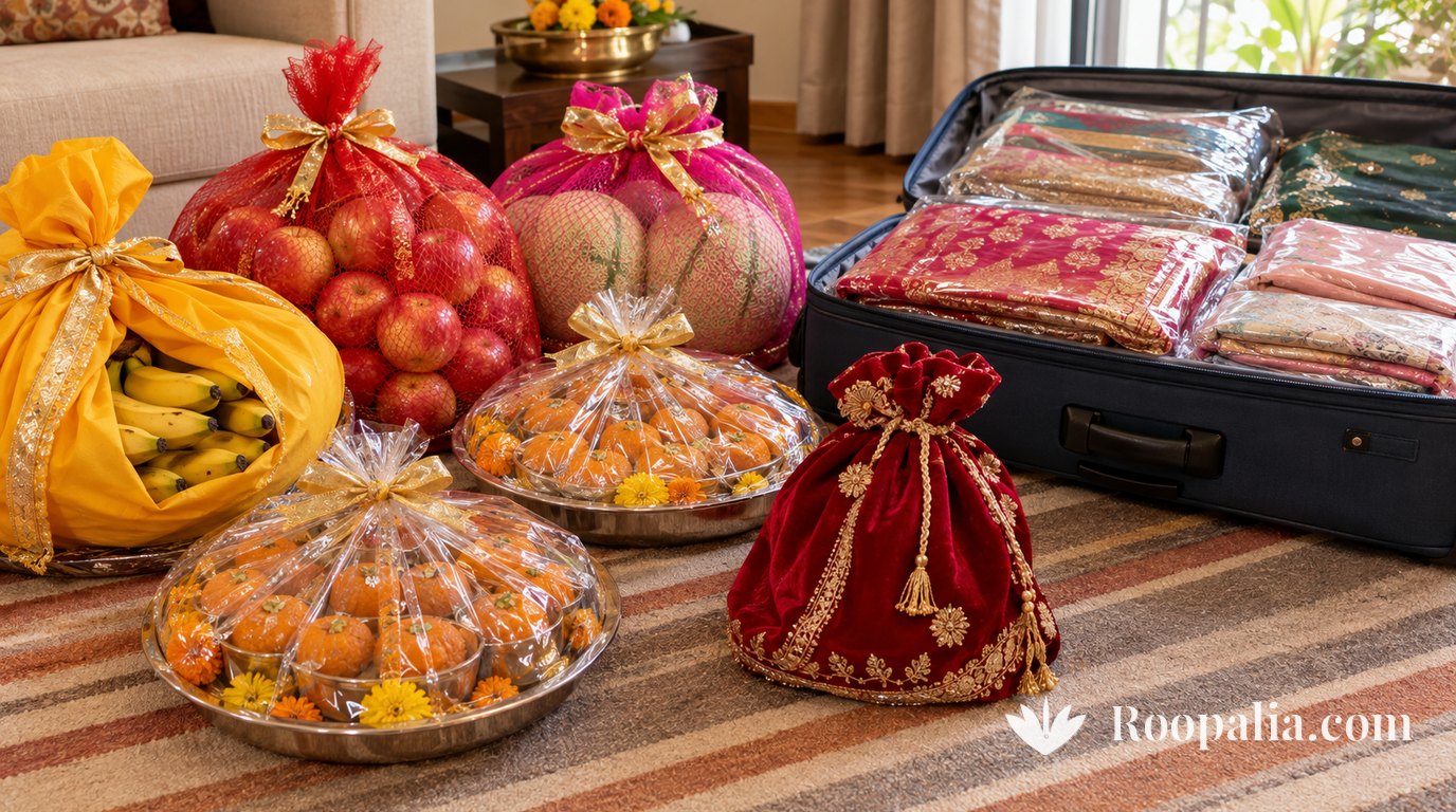 धारीदार दरी पर पीले कपड़े में बँधे केले, लाल और गुलाबी जाली की थैलियों में सेब और खरबूजे, पन्नी से ढकी मिठाई की थालियाँ, लाल मखमली पोटली और साड़ियों से भरा खुला सूटकेस — AI-निर्मित चित्र (Roopalia)