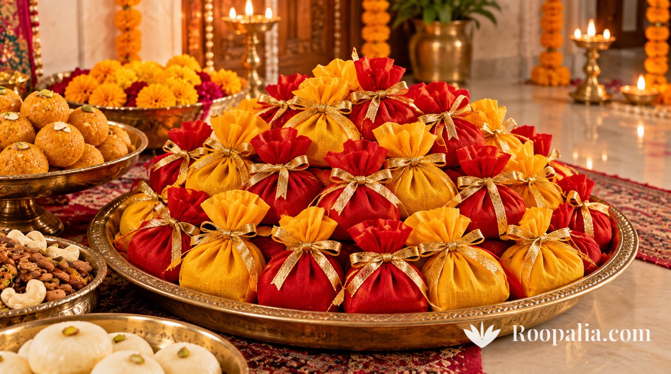 A large brass tray heaped with small red and yellow cloth pouches tied with gold ribbon, beside bowls of laddoos, dry fruit and white sweets, with brass lamps and marigolds behind &mdash; AI-generated image (Roopalia)
