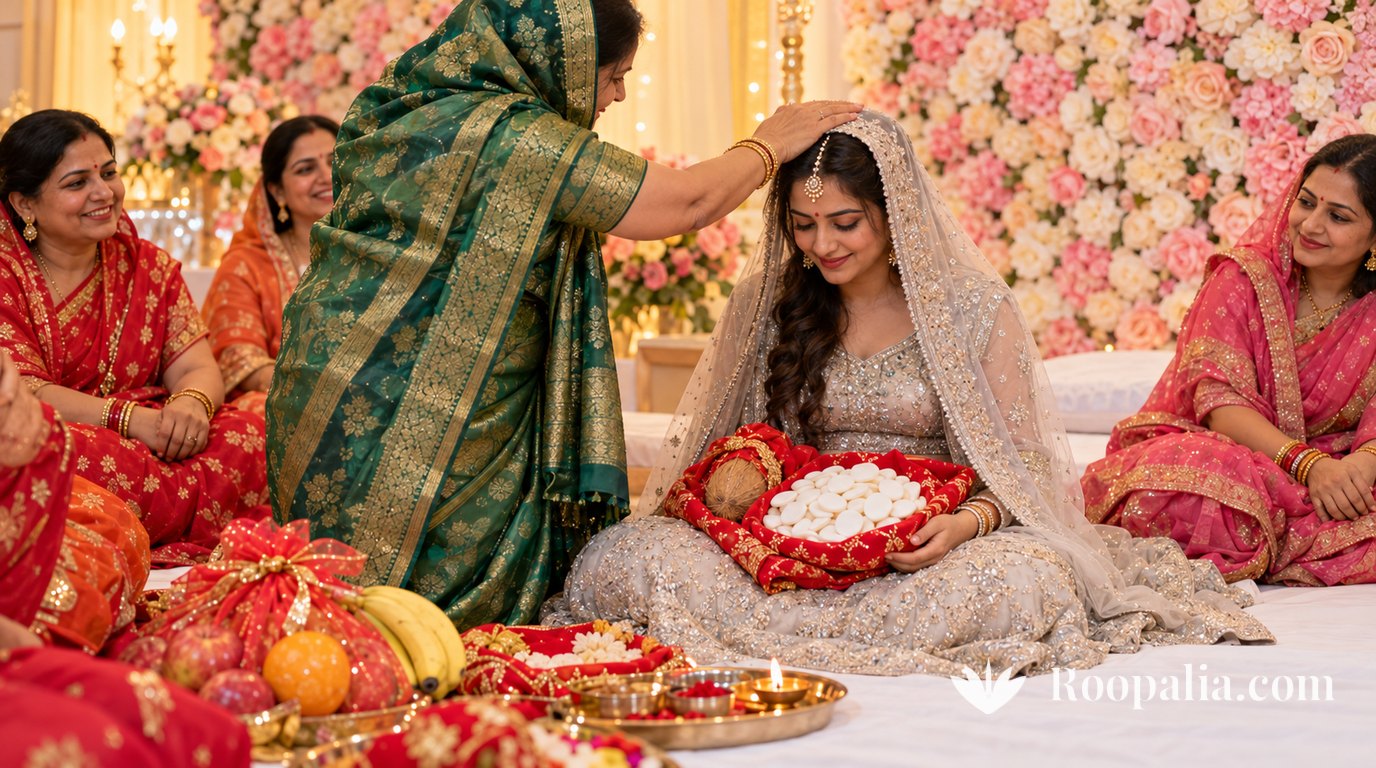 फूलों की दीवार वाले हॉल में चाँदी जैसे लहंगे और जालीदार दुपट्टे में बैठी दुल्हन की गोद में लाल कपड़े में सफ़ेद पताशे और नारियल, हरी साड़ी में एक बुज़ुर्ग स्त्री उसके सिर पर हाथ रखकर आशीर्वाद देती हुई — AI-निर्मित चित्र (Roopalia)