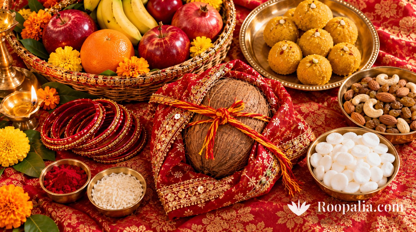Flat lay on red brocade of a coconut wrapped in red chunri tied with red-yellow thread, a stack of red bangles, besan laddoos, dry fruit, white patashe, small bowls of roli and rice, a fruit basket and a lit lamp &mdash; AI-generated image (Roopalia)