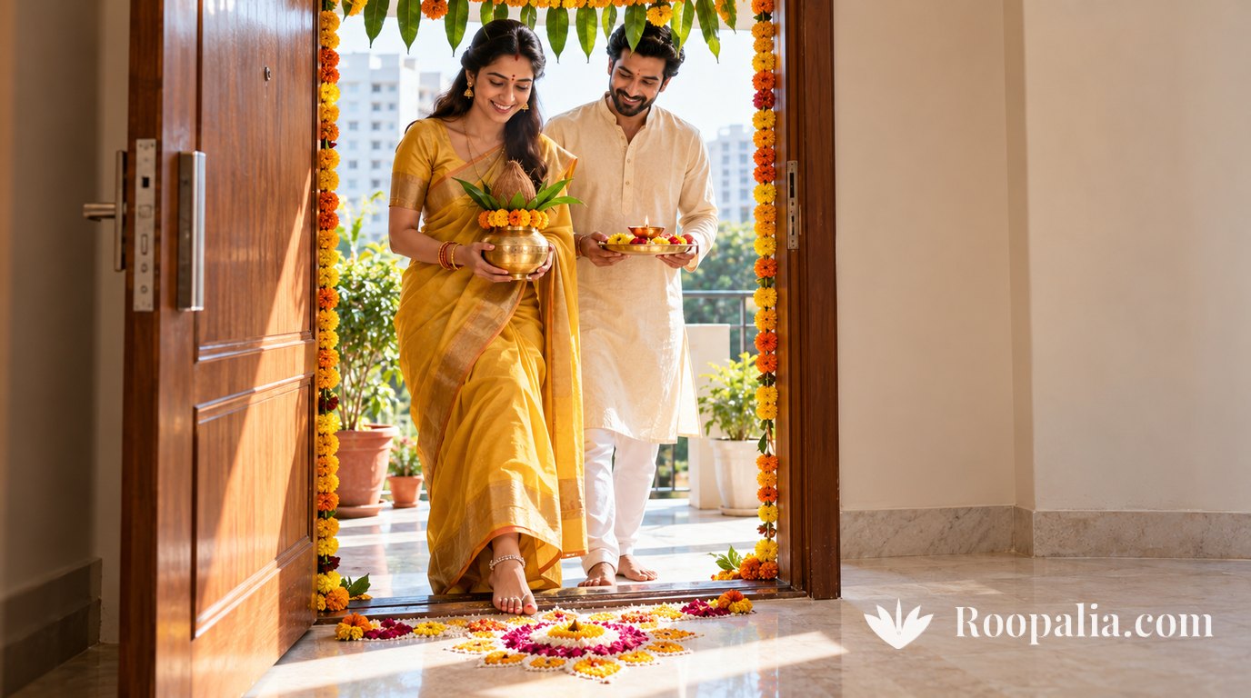 नए फ़्लैट के फूलों से सजे द्वार पर नारियल-आम के पत्तों वाला पीतल का कलश लिए पीली साड़ी में मुस्कुराती स्त्री देहरी लाँघती हुई, पीछे दीपक की थाली लिए सफ़ेद कुर्ते में पति, फ़र्श पर फूलों की रंगोली — AI-निर्मित चित्र (Roopalia)