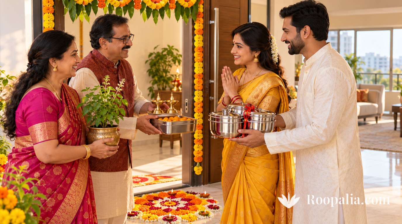 सजे हुए द्वार पर मेहमान दंपति तुलसी का पौधा, पीतल के दीपक, मिठाई का डिब्बा और लाल धागे से बँधे स्टील के बर्तन देते हुए, हाथ जोड़े पीली साड़ी में मेज़बान स्त्री और सफ़ेद कुर्ते में पति, फ़र्श पर फूलों की रंगोली — AI-निर्मित चित्र (Roopalia)