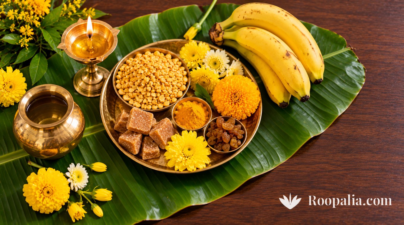 Top-down view of a Thursday puja arrangement on a banana leaf: a brass plate with chana dal, jaggery, turmeric and raisins, yellow marigolds and chrysanthemums, a lit brass lamp, a brass lota and ripe bananas on a dark wooden table — AI-generated image (Roopalia)