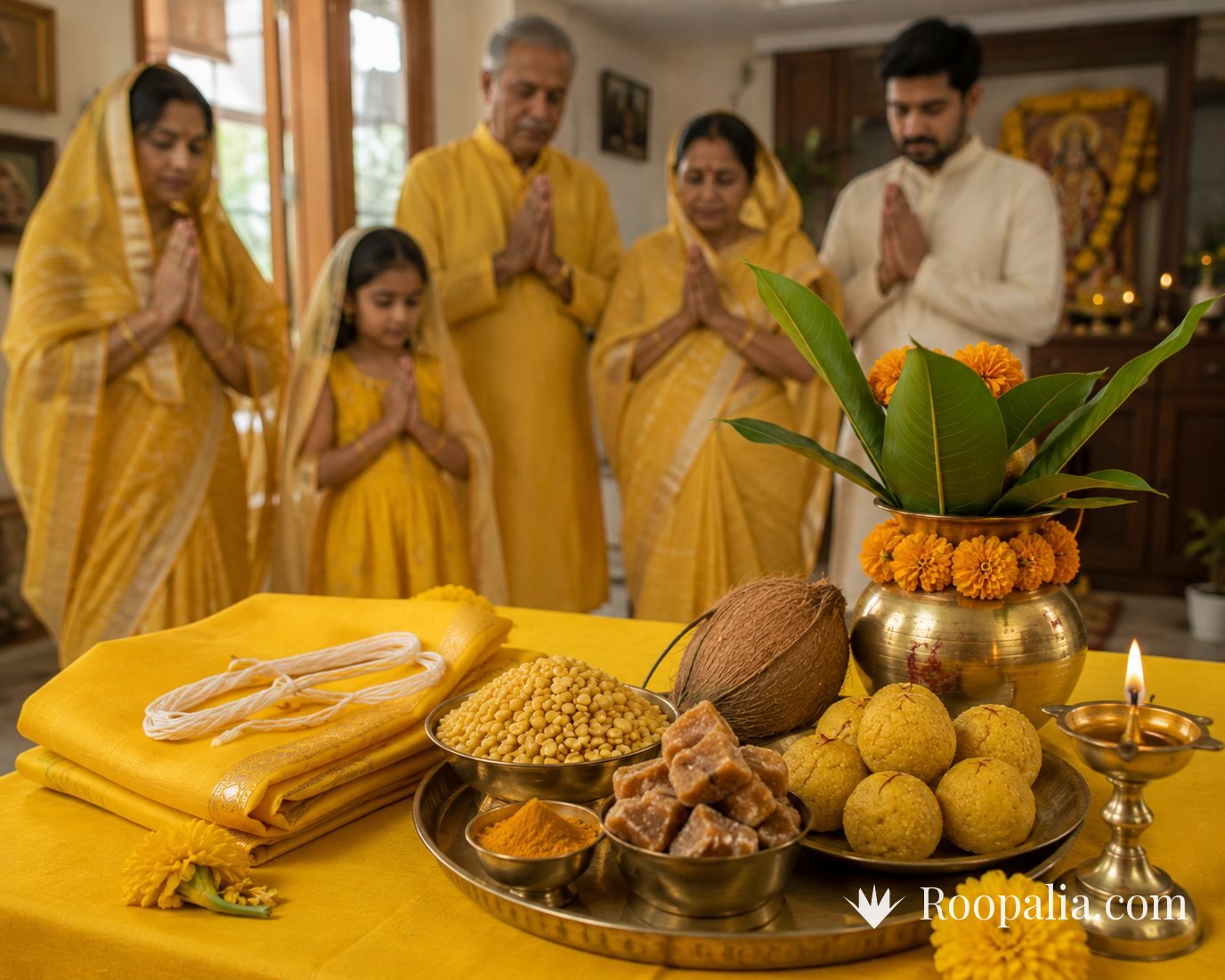 गुरुवार व्रत का उद्यापन — पीले वस्त्र पर धोती, जनेऊ, चने की दाल, गुड़, बेसन के लड्डू, नारियल और कलश, पीछे हाथ जोड़े परिवार — AI-निर्मित चित्र (Roopalia)