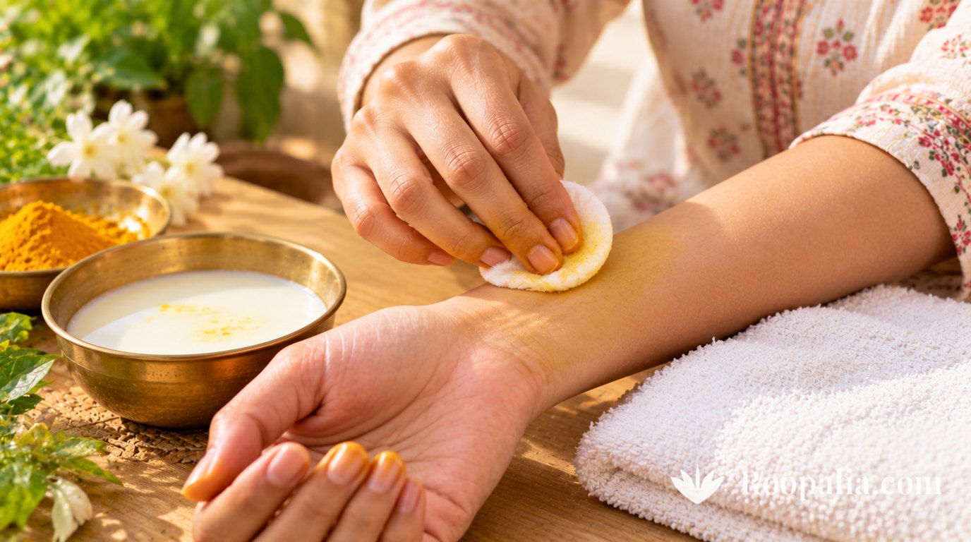 A cotton pad soaked in milk wiping a faint yellow turmeric mark from the wrist, with a brass bowl of milk and a white towel &mdash; AI-generated image (Roopalia)