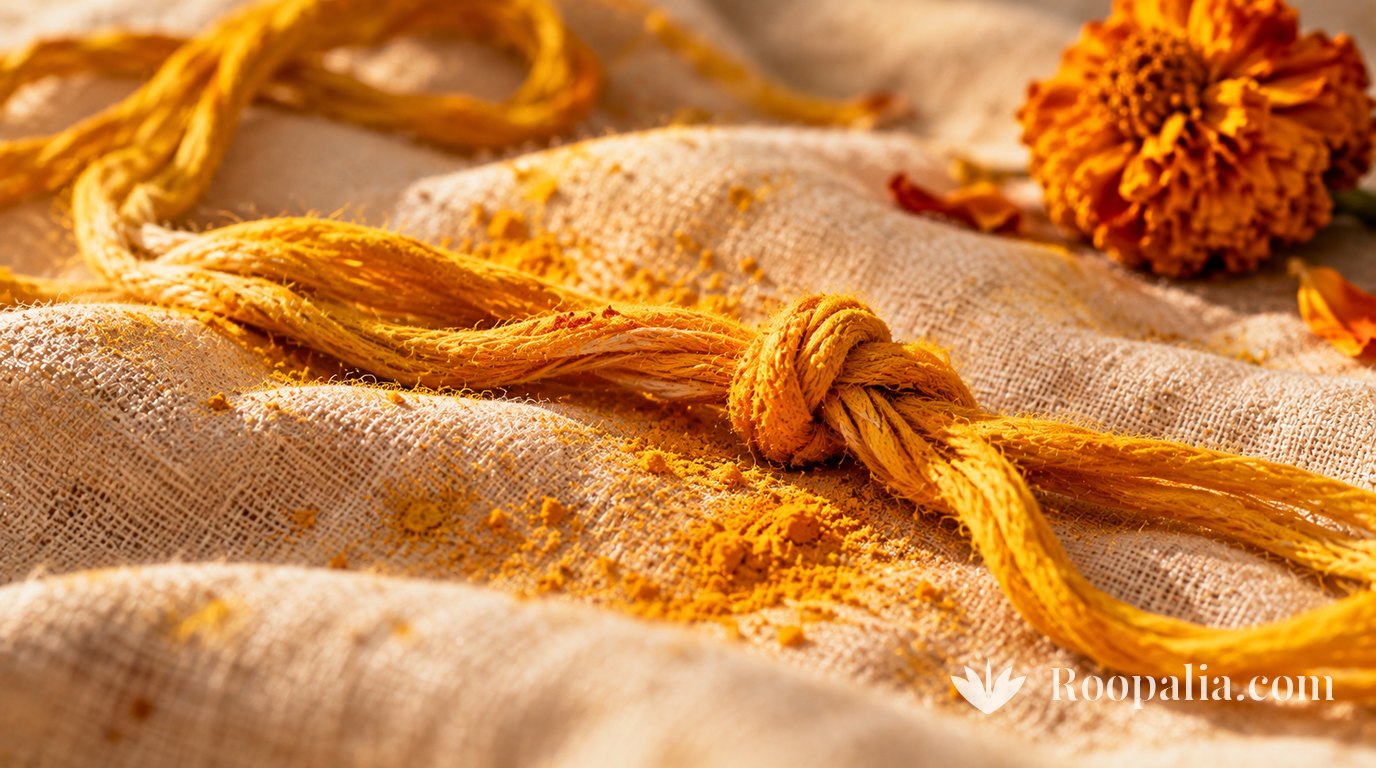 A close view of coarse turmeric-dyed cotton thread tied in a single plain knot, loose turmeric scattered around it.