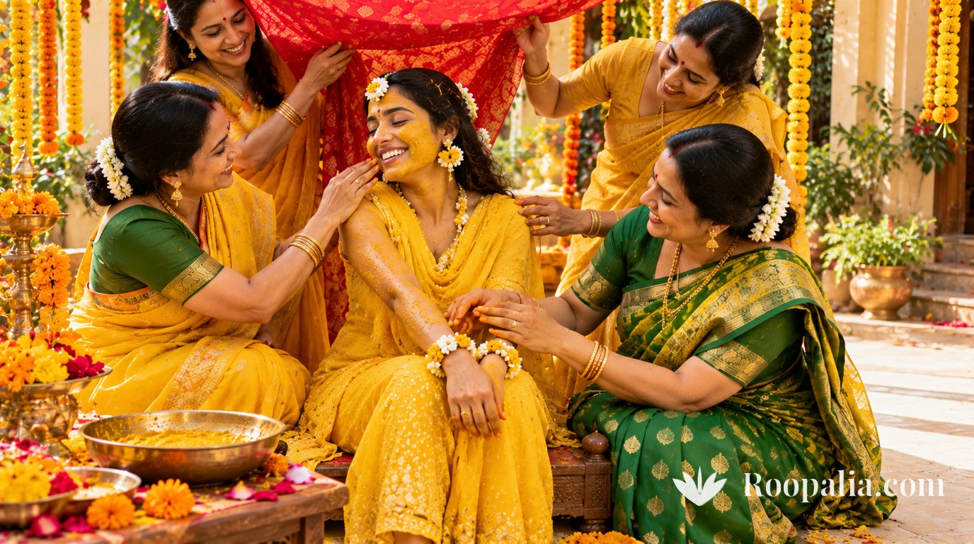 A smiling bride in yellow seated on a low wooden seat in a marigold-decorated courtyard while women of the family apply turmeric paste to her face and arms and two others hold a red cloth above her — AI-generated image (Roopalia)