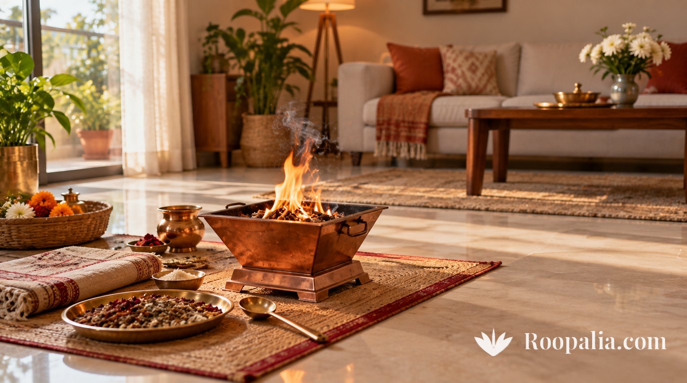 A small copper havan kund with a gentle flame on a woven mat on the clean floor of a modern apartment living room, a brass pot, spoon and plate of offerings beside it, morning daylight from a large window. AI-generated image (Roopalia)