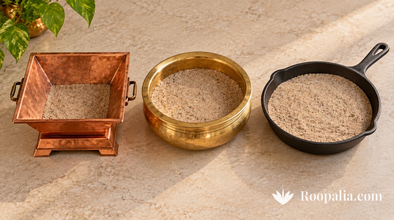 Three vessels side by side on a stone surface — a small square copper havan kund, a thick brass bowl filled with sand, and a cast-iron pan lined with sand — AI-generated image (Roopalia)