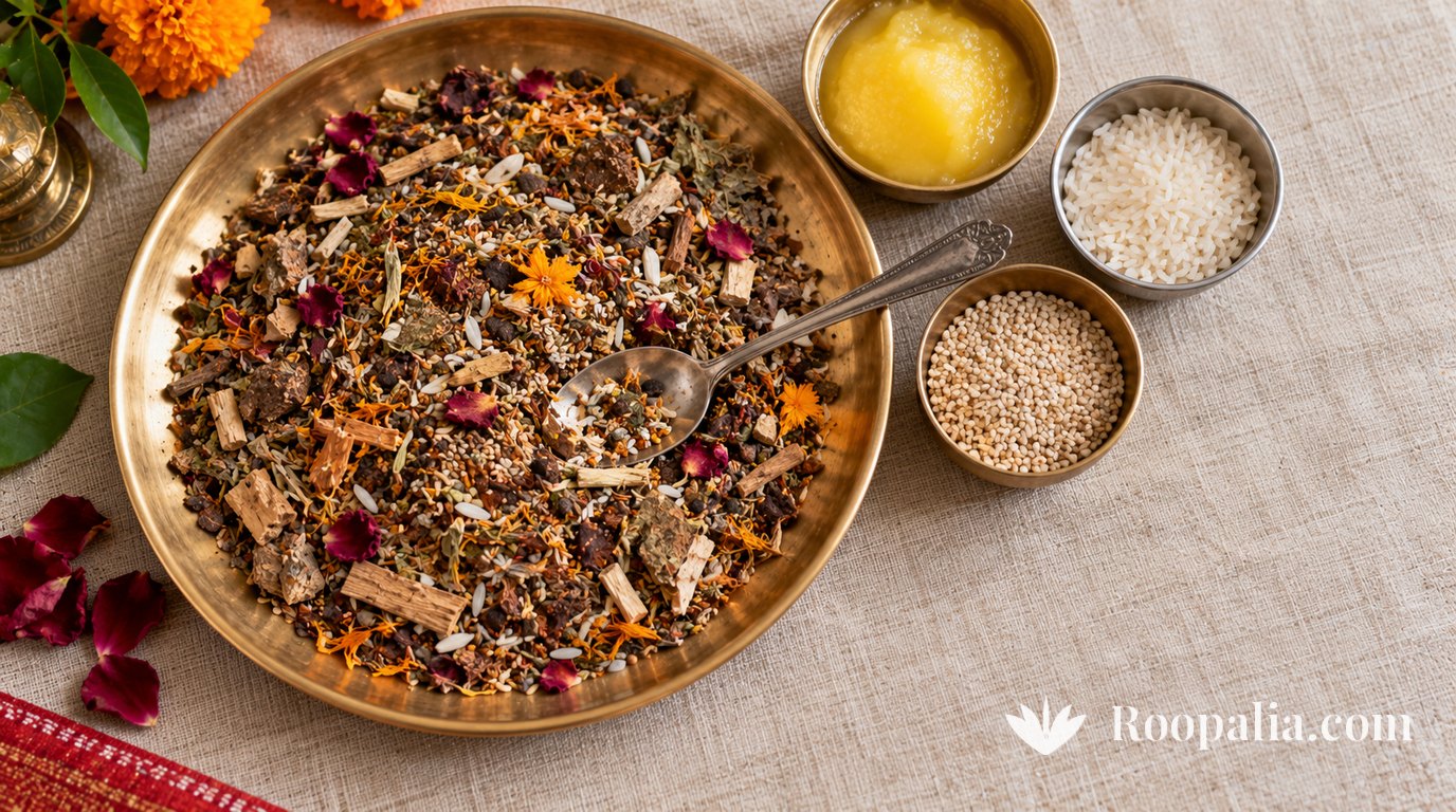 A brass plate of havan samagri — dried herbs, seeds, sandalwood pieces and dried petals — with three small bowls of ghee, rice and sesame seeds beside it on plain cloth — AI-generated image (Roopalia)