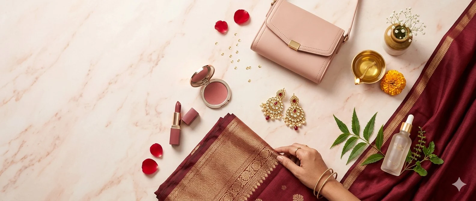 Roopalia — Beauty, Fashion, Jewelry, Bags, Home Decor & Wellness reviews for Indian women flat-lay (maroon saree, kundan jewellery, lipstick, handbag, herbal serum)
