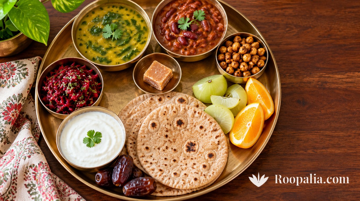 A brass thali with palak dal, rajma, roasted chana, jaggery, beetroot, curd, rotis, dates, amla and orange slices &mdash; AI-generated image (Roopalia)