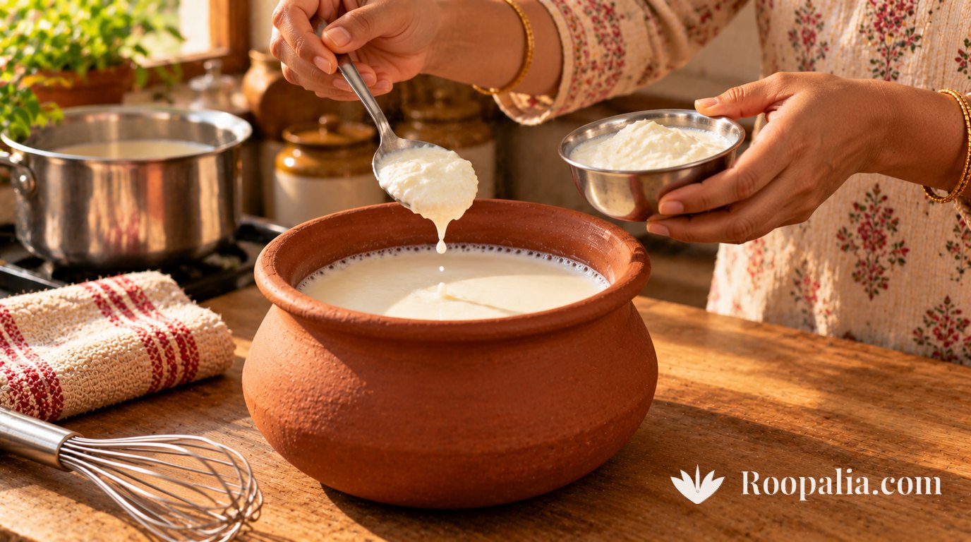 मिट्टी की हांडी में गुनगुने दूध में चम्मच से दही का जामन डालते हाथ, दूसरे हाथ में जामन की स्टील कटोरी, पास में व्हिस्क और तौलिया — AI-निर्मित चित्र (Roopalia)