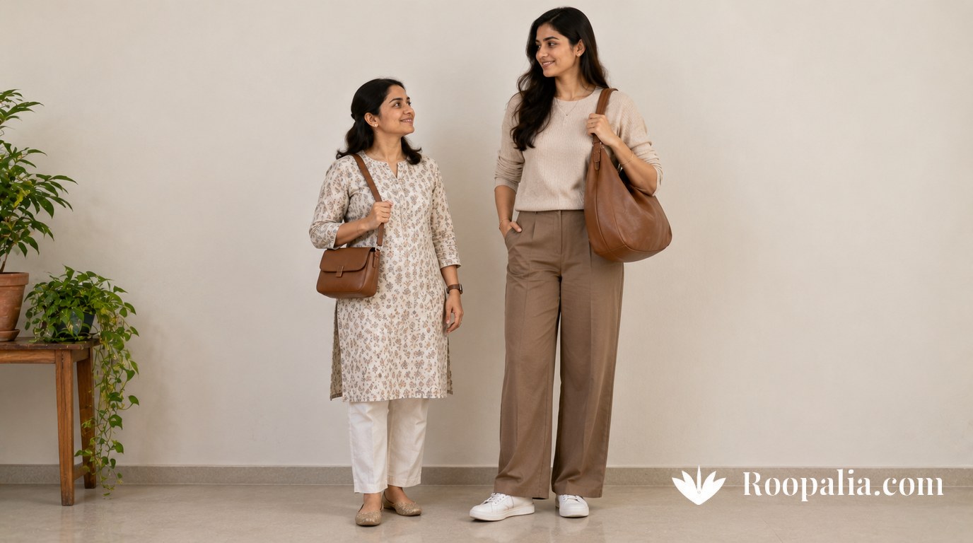 Two women of different heights, each carrying a bag scaled to her frame — a compact structured bag at the waist, and a larger soft hobo — AI-generated image (Roopalia)