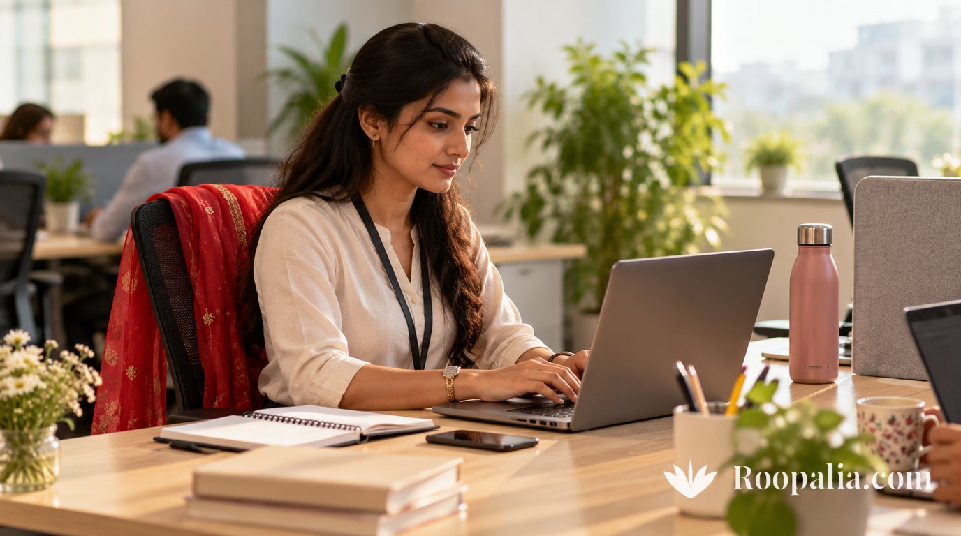 A woman at an office desk in mid-afternoon, laptop open, a closed water bottle pushed to one side, and a thin red chunari folded over the back of her chair. AI-generated image (Roopalia)