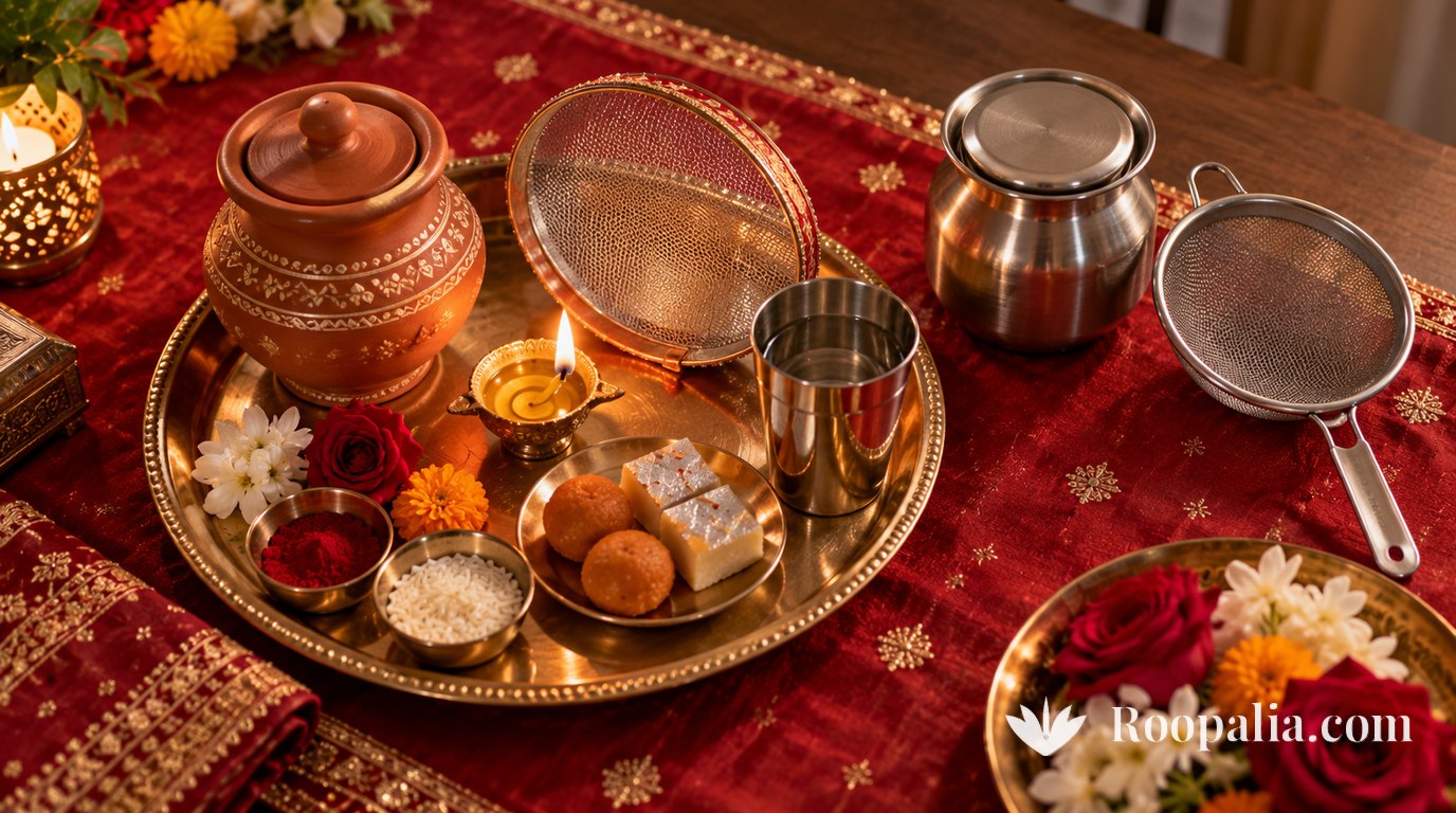 An overhead view of a Karwa Chauth thali on red cloth — a lidded clay karwa, a small sieve, a diya, roli and rice in little bowls, flowers, sweets and a glass of water; beside them a steel pot and a kitchen strainer arranged as substitutes with equal care. AI-generated image (Roopalia)