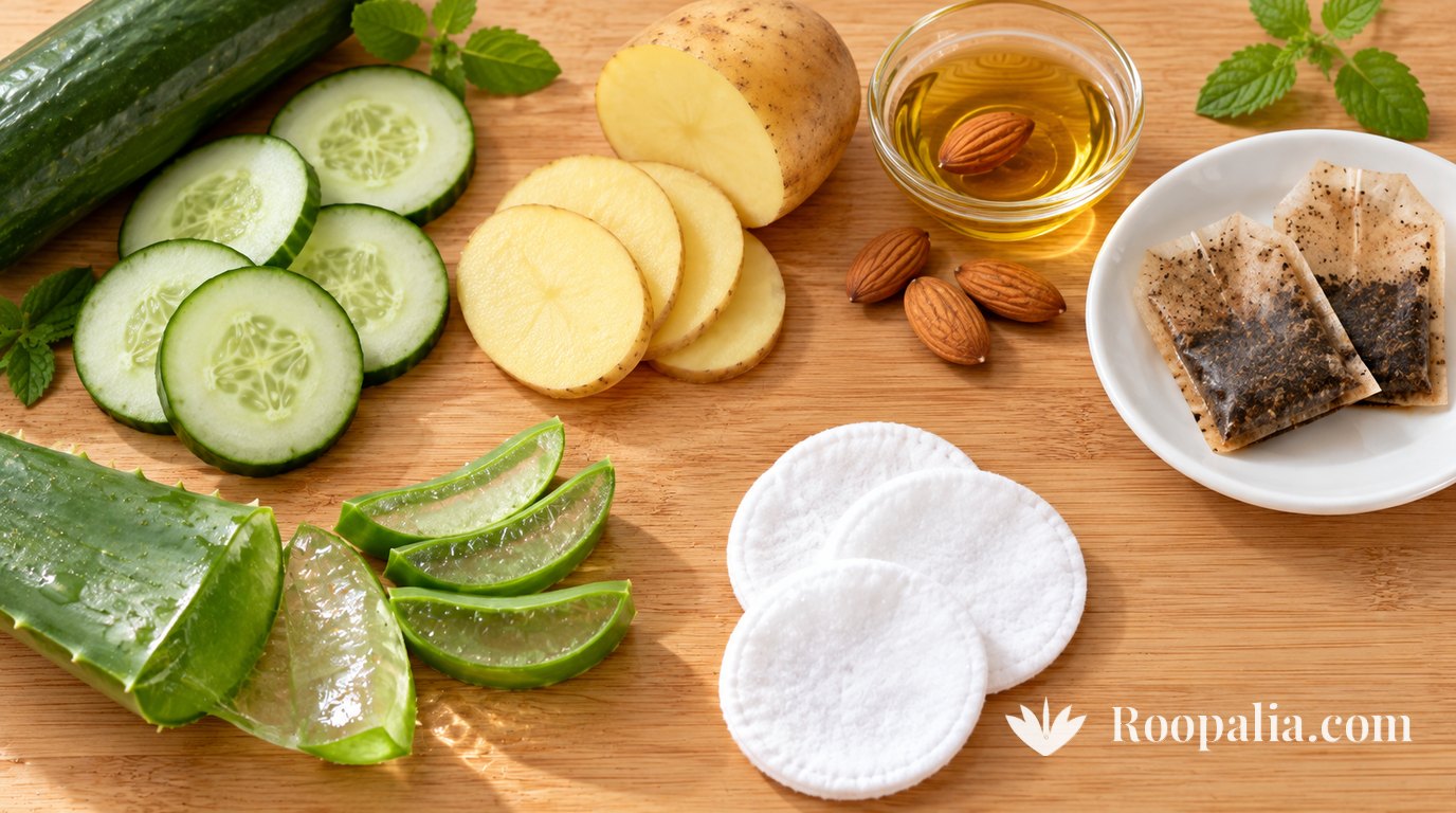 On a wooden board: cucumber slices, potato slices, a small bowl of almond oil with almonds, two used tea bags, a cut aloe vera leaf and cotton pads &mdash; AI-generated image (Roopalia)
