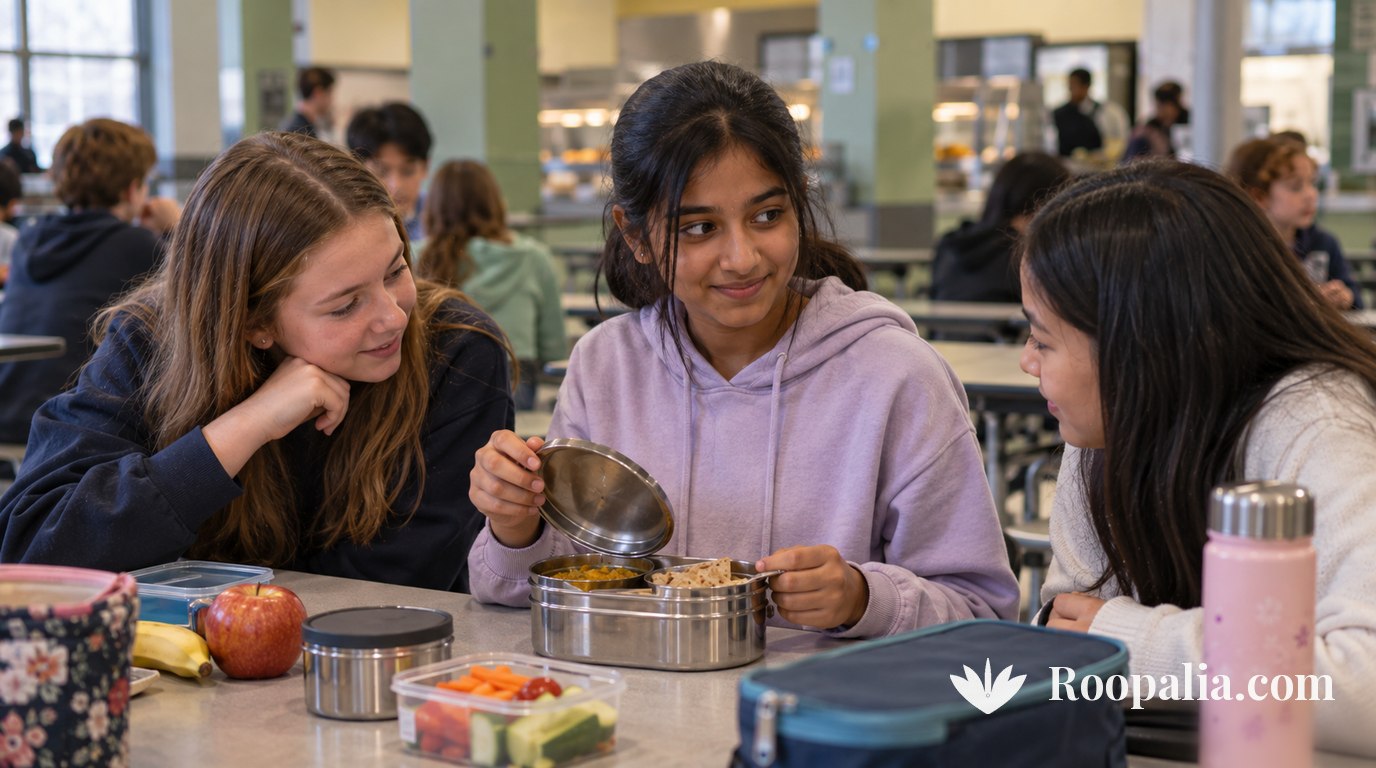 A teenage girl opening a steel tiffin of Indian food in a school cafeteria while classmates look on with interest — AI-generated image (Roopalia)