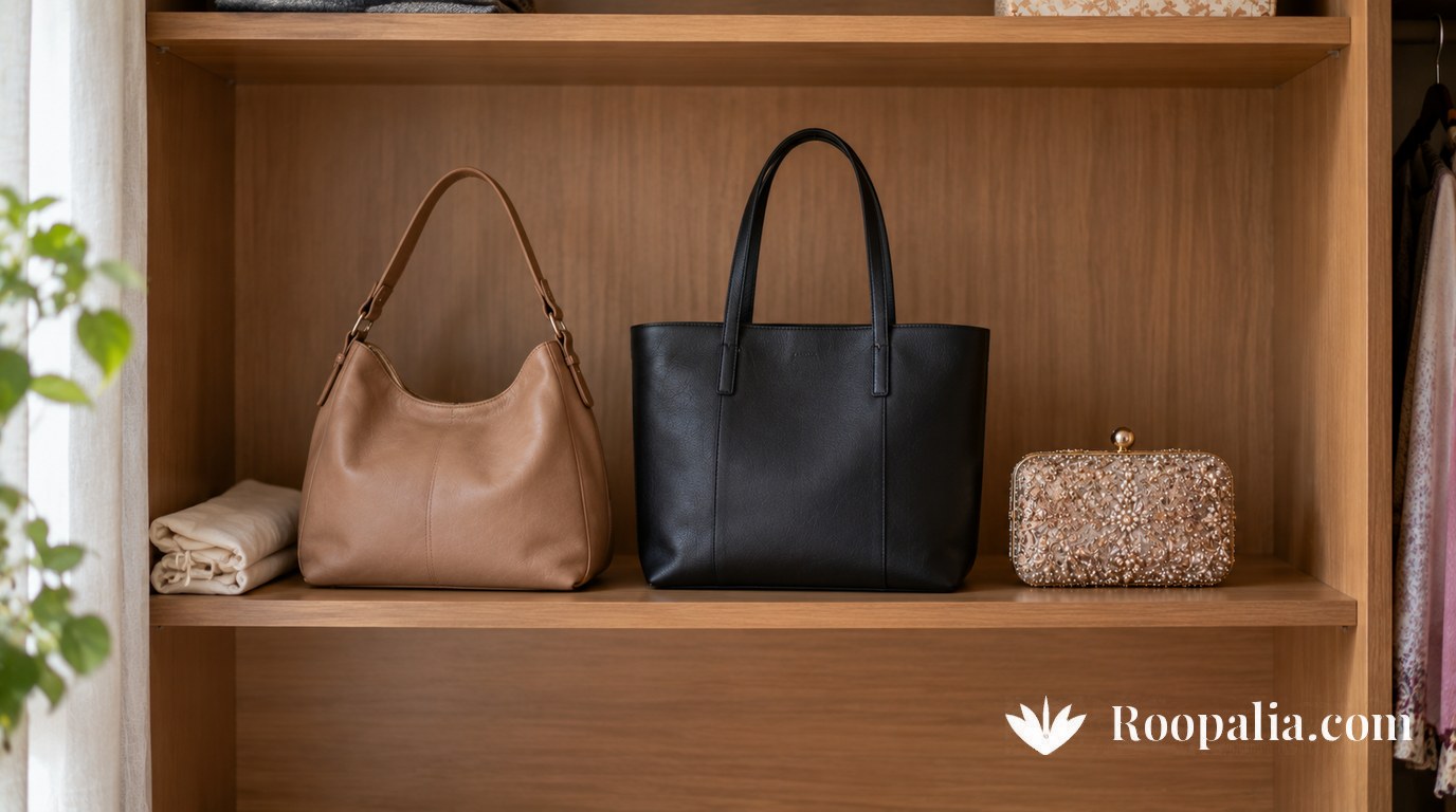 Just three bags spaced out on an open wardrobe shelf — a tan everyday shoulder bag, a black work tote and one small clutch, the rest of the shelf empty — AI-generated image (Roopalia)