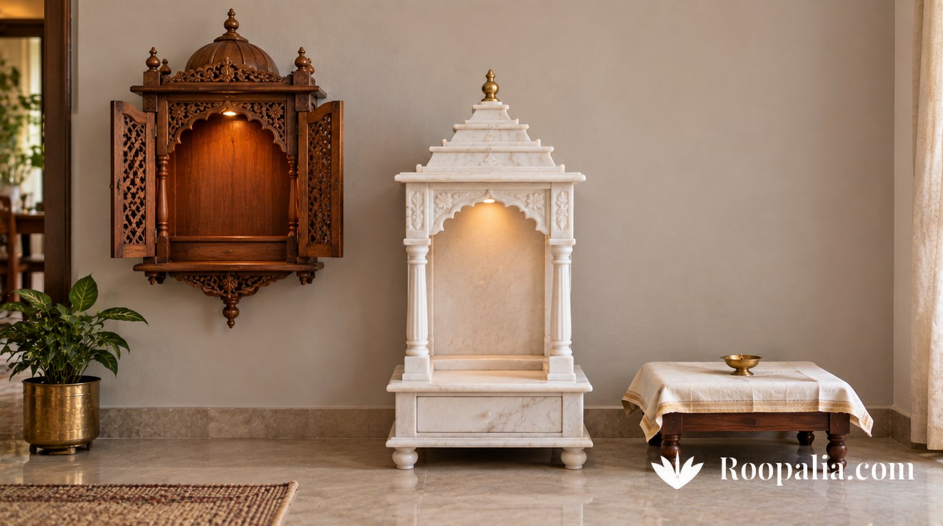 Three kinds of home shrine side by side — a carved teak wall temple, a white marble mandir and a plain wooden chowki — AI-generated image (Roopalia)