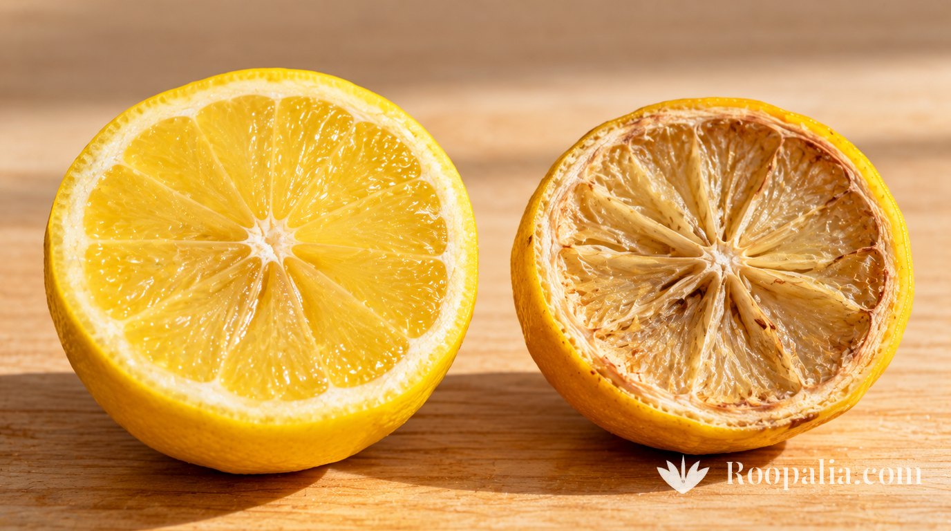 A freshly cut lemon beside one left in the air for hours, its cut face dried and dulled.