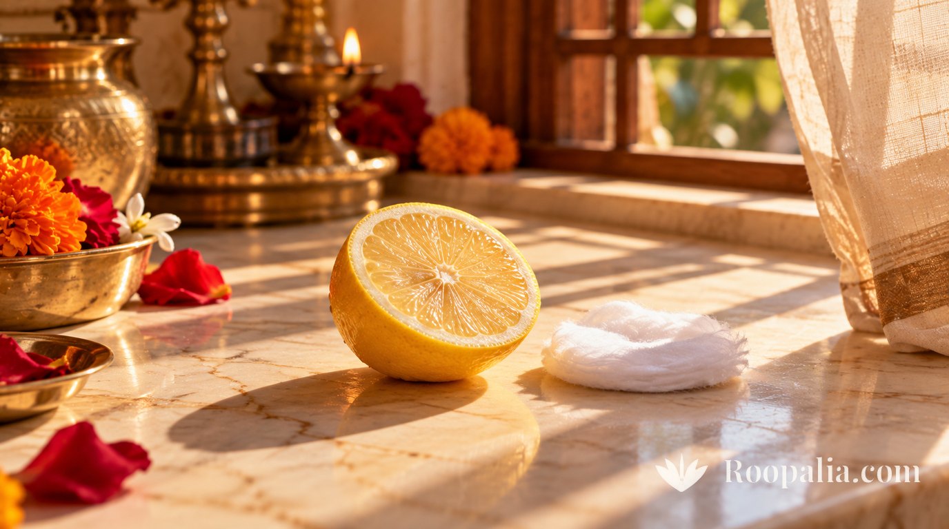 A halved lemon in harsh afternoon sunlight beside a cotton pad.
