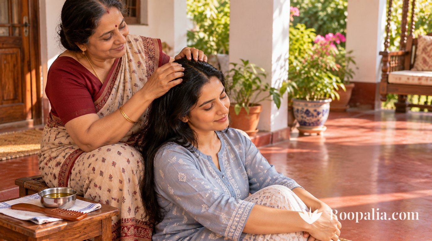 धूप भरे बरामदे में साड़ी पहने बड़ी उम्र की स्त्री पीढ़े पर बैठकर नीचे बैठी बेटी के बालों में उँगलियों से तेल लगाती हुई, पास की चौकी पर स्टील की कटोरी में तेल और लकड़ी की कंघी — AI-निर्मित चित्र (Roopalia)