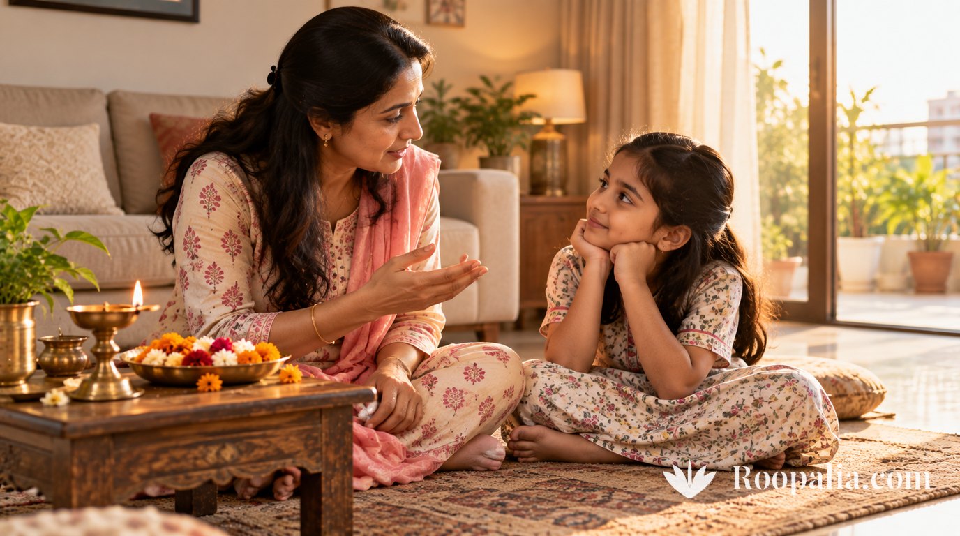 A mother and her eight-year-old daughter sitting facing each other on a rug in a bright apartment living room, the mother mid-sentence, the child listening with her chin in her hands; a brass diya and a plate of flowers on a low table beside them — AI-generated image (Roopalia)