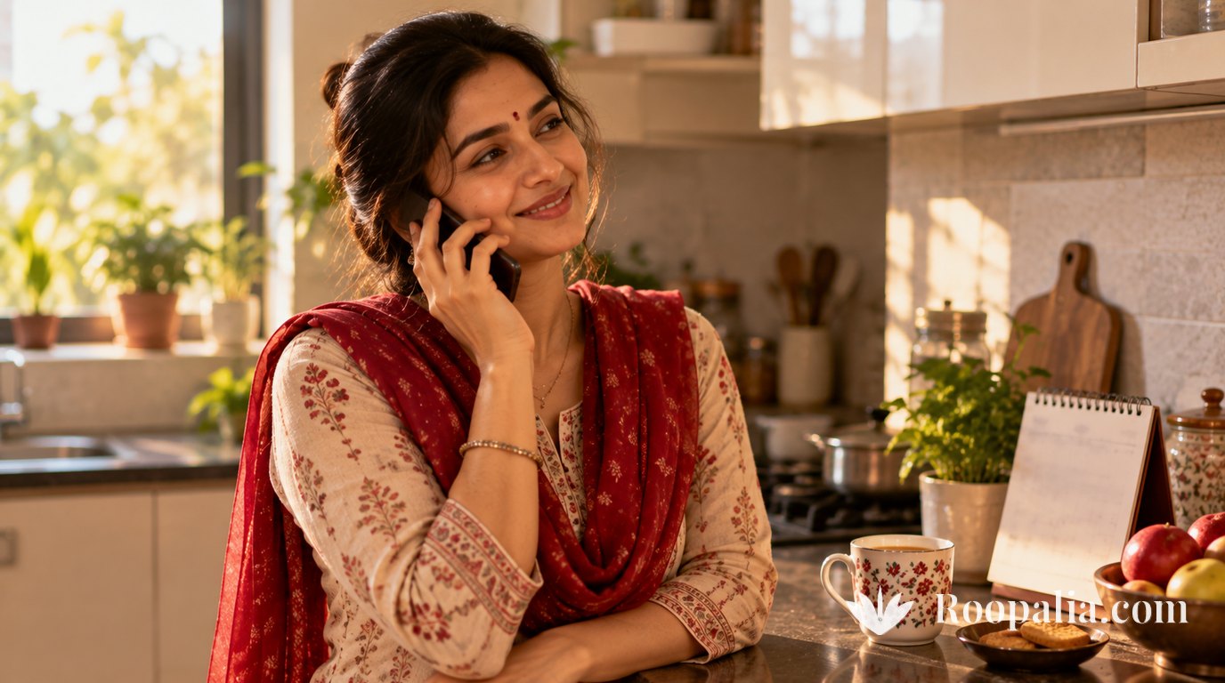 A woman in an apartment kitchen in morning light, holding a phone to her ear with a warm expression, a small calendar and a cup of tea on the counter beside her. AI-generated image (Roopalia)