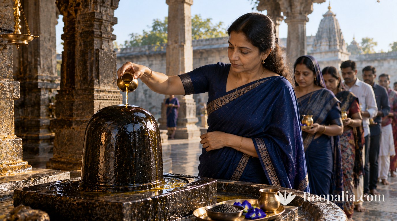 A woman pouring mustard oil from a brass pot over a black stone in an open temple courtyard, other devotees queuing behind her — AI-generated image (Roopalia)