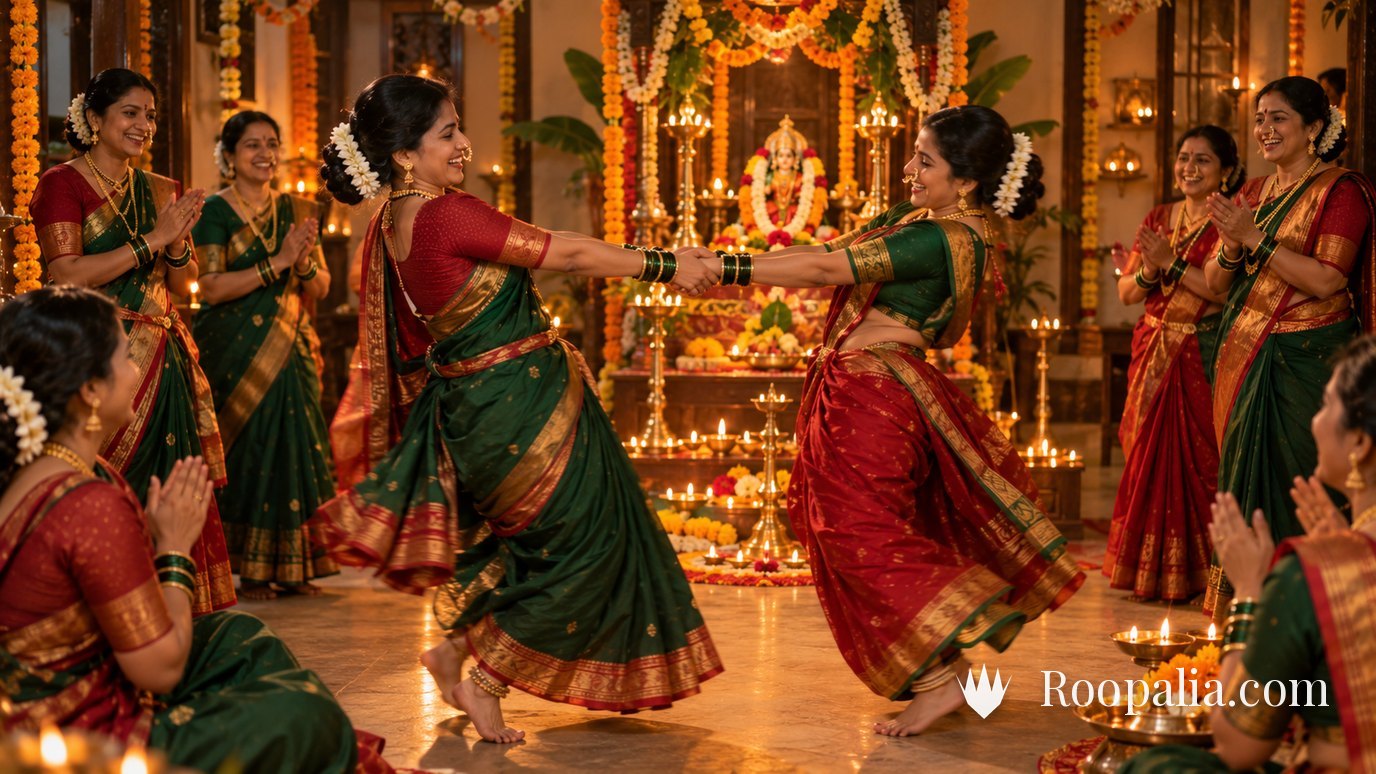 Women in nauvari sarees playing fugdi on Mangala Gauri night, the decorated Gauri shrine and oil lamps at the centre — AI-generated image (Roopalia)