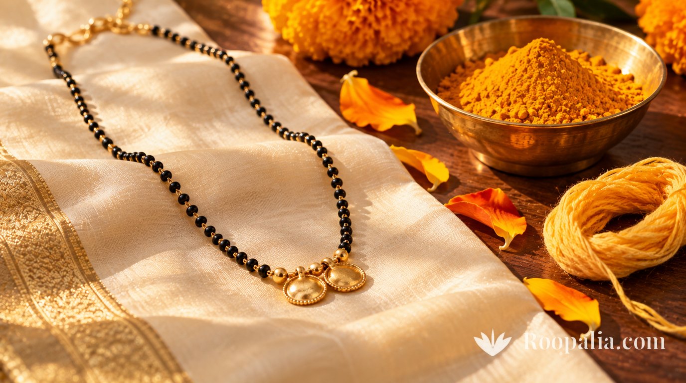 A mangalsutra of black beads and two gold cups laid on cream silk beside a brass bowl of turmeric and a skein of turmeric-dyed cotton thread.