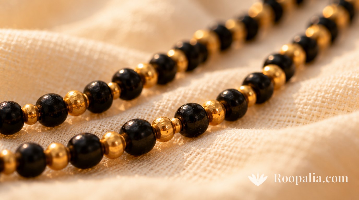 An extreme close-up of two strands of a mangalsutra, black glass beads separated by small gold spacers.