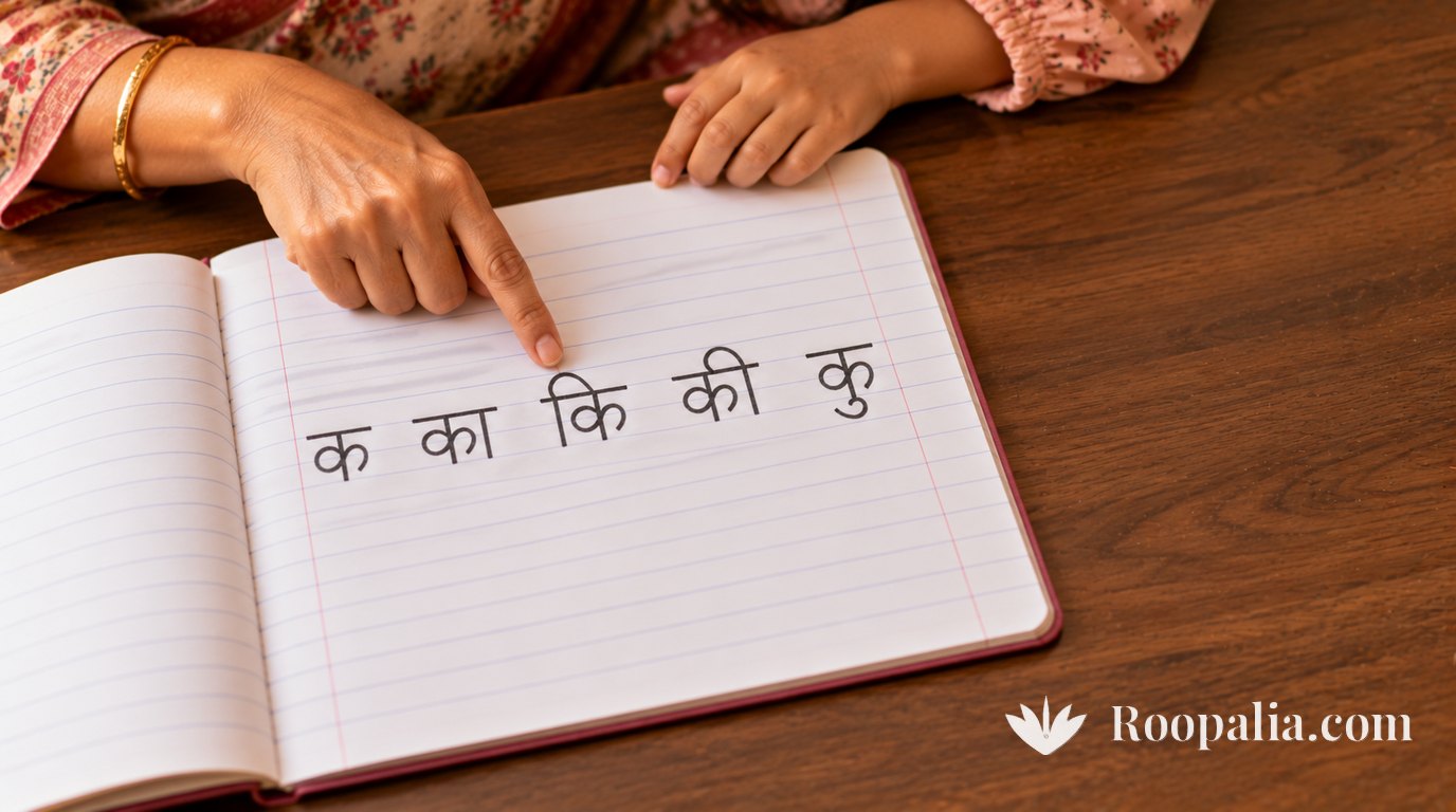 An open ruled exercise book on a dark walnut table showing a row of Devanagari syllables, a mother's finger pointing at one of them and a child's hand resting at the top edge of the page — AI-generated image (Roopalia)
