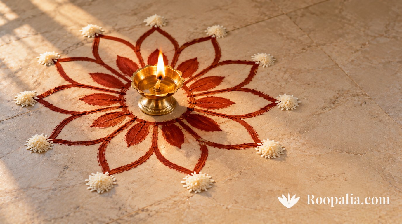 A twelve-petalled lotus drawn on a pale stone floor in red sandalwood paste, a small brass lamp burning at its centre and twelve small mounds of rice marking positions around the outer edge &mdash; AI-generated image (Roopalia)