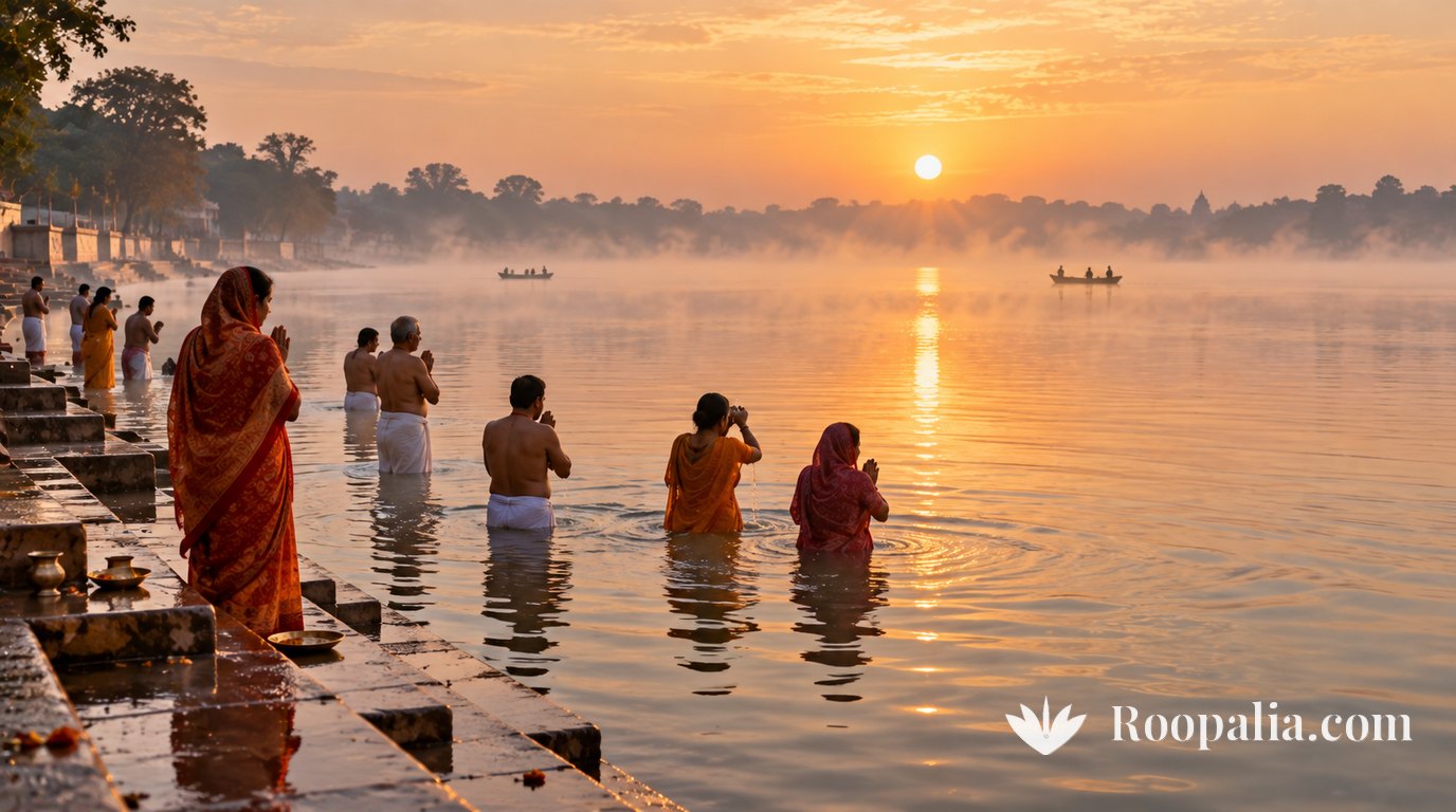 Devotees standing in a wide misty river at sunrise with folded hands, taking a holy dip, worship plates on the ghat steps and boats in the distance &mdash; AI-generated image (Roopalia)