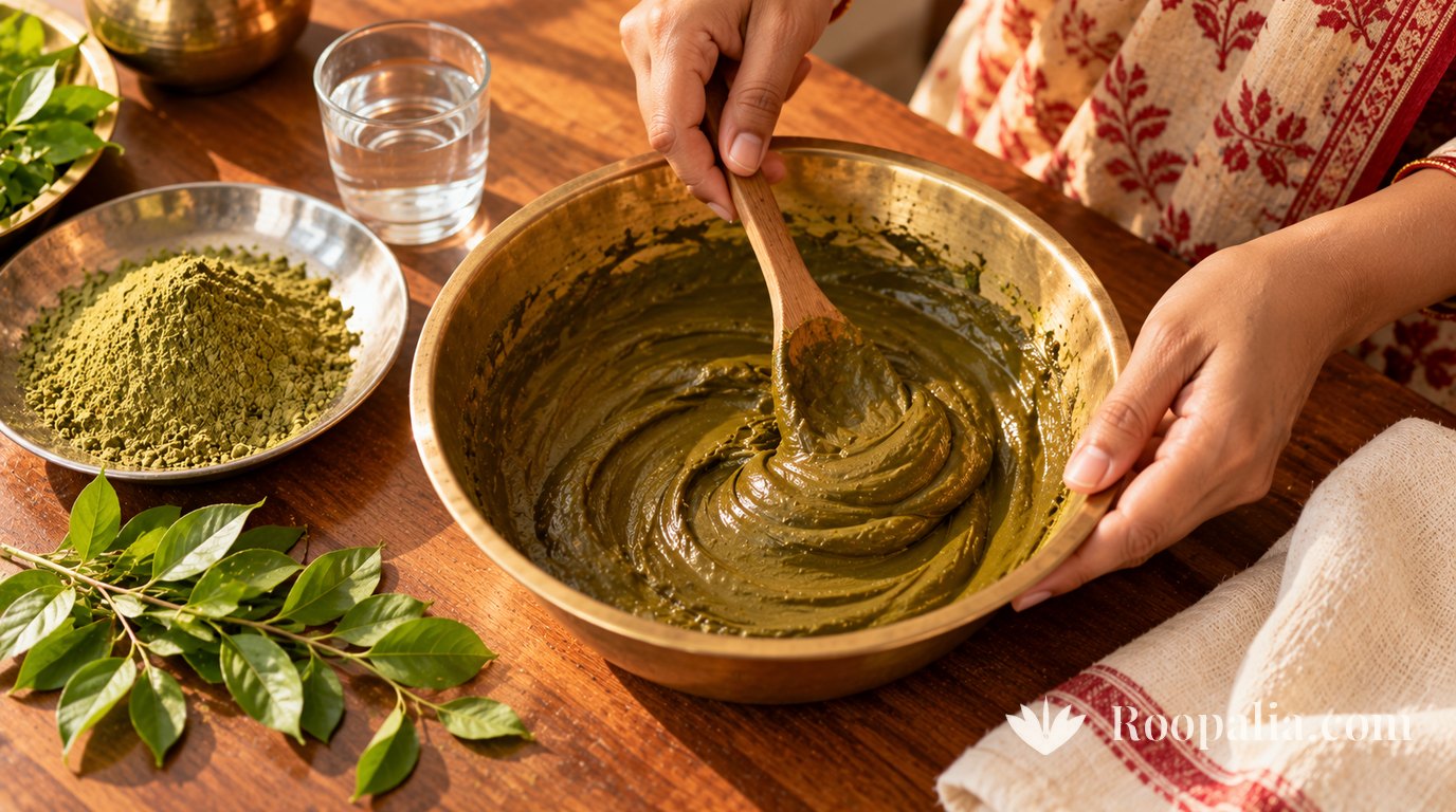 Hands stirring thick green henna paste with a wooden spoon in a brass bowl, with henna powder, a glass of water and fresh leaves.