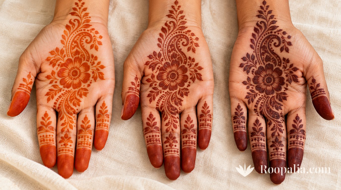 Three palms with the same henna design, left orange, middle red-brown, right deep maroon.