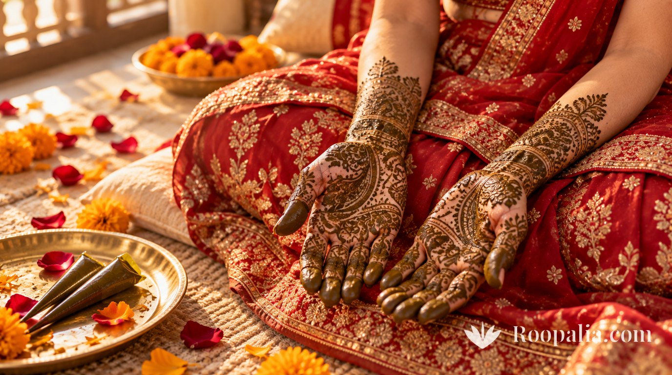 A bride in a red and gold lehenga with upturned palms on her lap, covered in wet henna paste, two cones on a brass plate beside her.