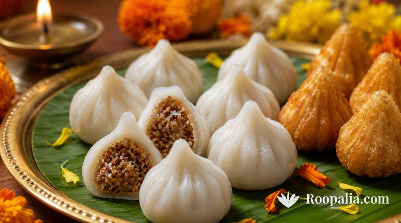 Steamed white modaks and fried golden modaks on a banana leaf in a brass plate, coconut-jaggery filling visible — AI-generated image (Roopalia)