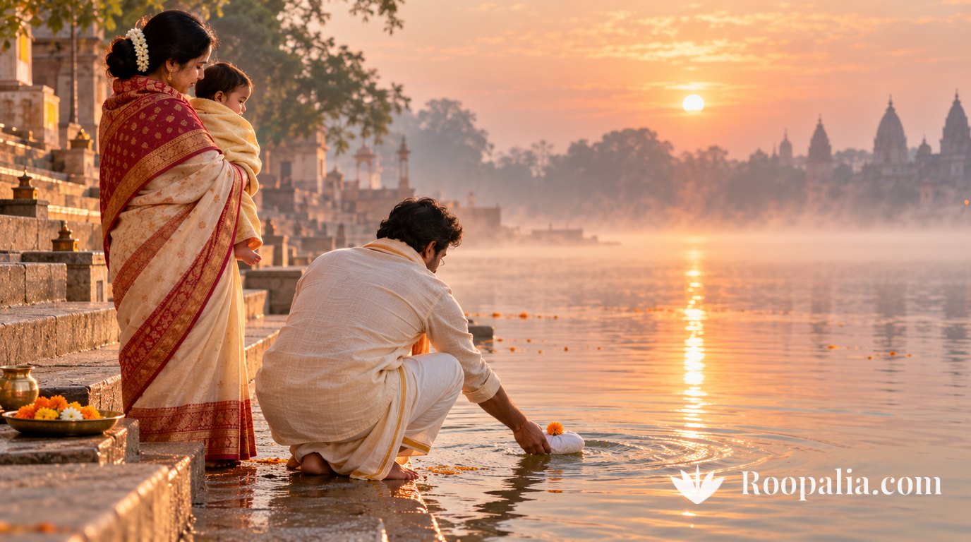 सुबह की रोशनी में नदी के घाट की सीढ़ियों पर बैठकर पत्ते में रखे बाल जल को अर्पित करता परिवार — AI-निर्मित चित्र (Roopalia)