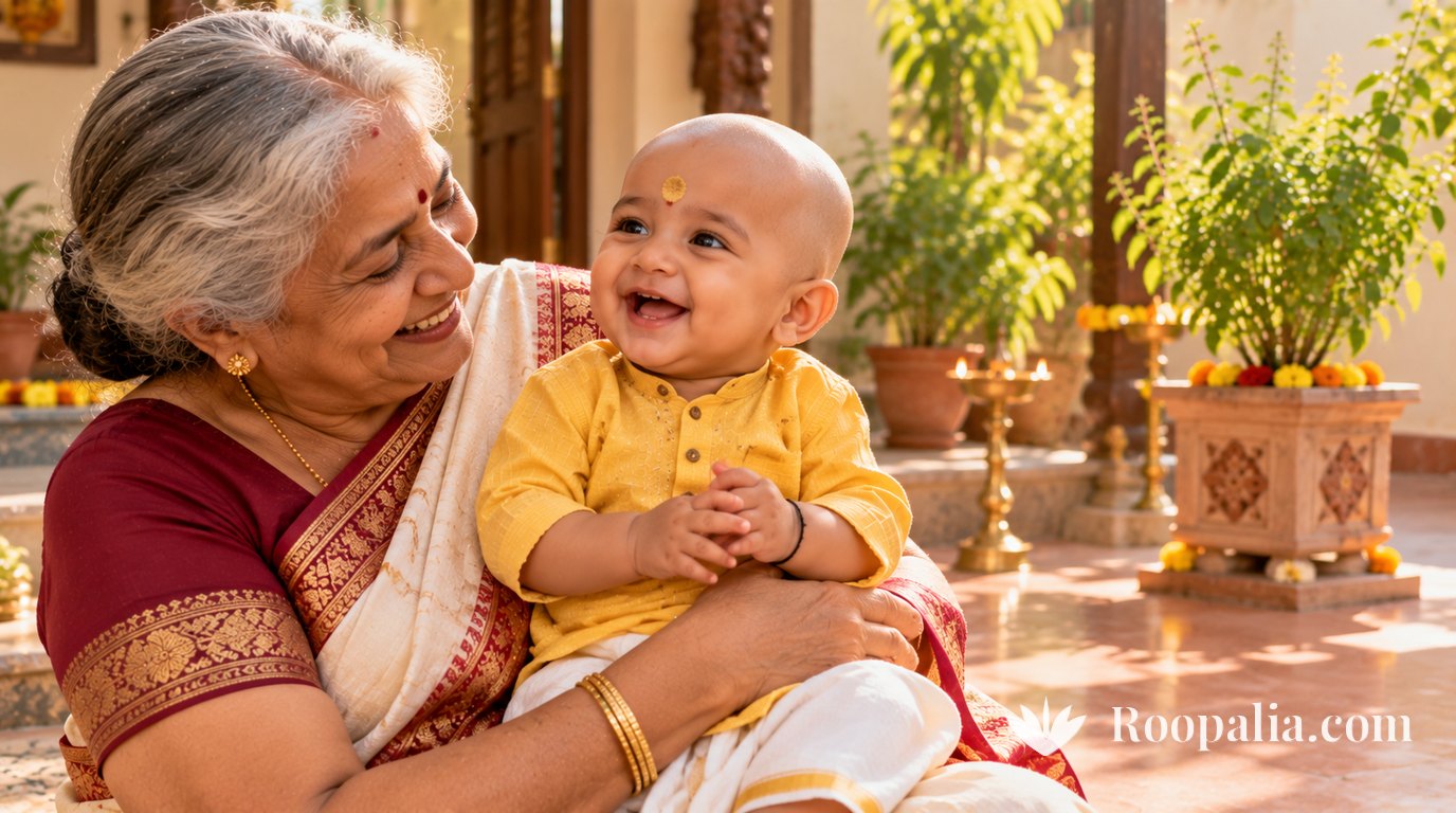 मुंडन के बाद खिलखिलाता छोटा बच्चा, लाल साड़ी में दादी की गोद में — AI-निर्मित चित्र (Roopalia)